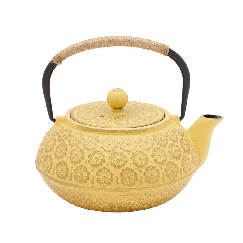 Juvale Japanese Cast Iron Teapot - Stainless-Steel Infuser & Loose Leaf Tea Pot - Superior Heat Retention Cast Iron Kettle - Elegant Floral Trivet For Home Tea Set - 800 ml, Yellow - Image 3