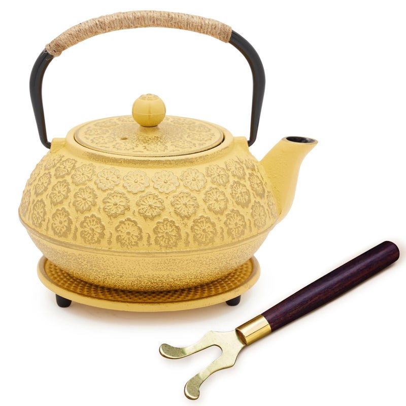 Juvale Japanese Cast Iron Teapot - Stainless-Steel Infuser & Loose Leaf Tea Pot - Superior Heat Retention Cast Iron Kettle - Elegant Floral Trivet For Home Tea Set - 800 ml, Yellow - Image 1