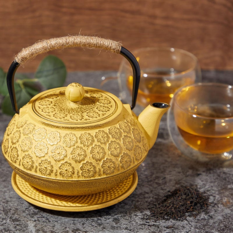 Juvale Japanese Cast Iron Teapot - Stainless-Steel Infuser & Loose Leaf Tea Pot - Superior Heat Retention Cast Iron Kettle - Elegant Floral Trivet For Home Tea Set - 800 ml, Yellow - Image 2