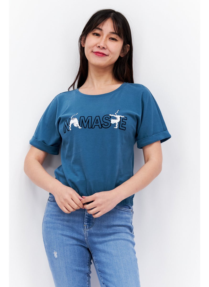 Etam Women Round Neck Short Sleeves Graphic Print Top, Blue  - Image 1