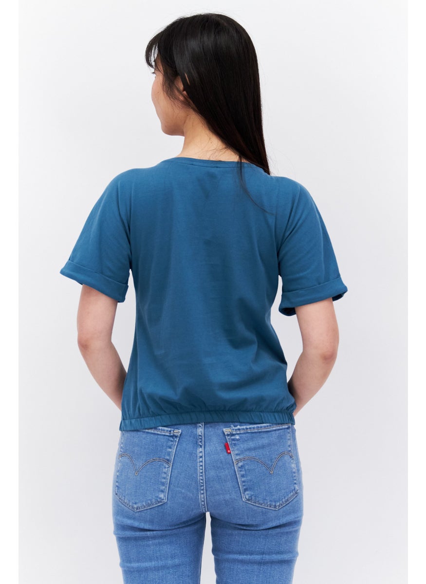 Etam Women Round Neck Short Sleeves Graphic Print Top, Blue  - Image 3
