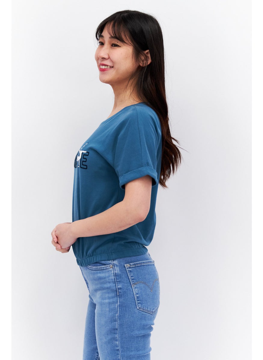 Etam Women Round Neck Short Sleeves Graphic Print Top, Blue  - Image 2