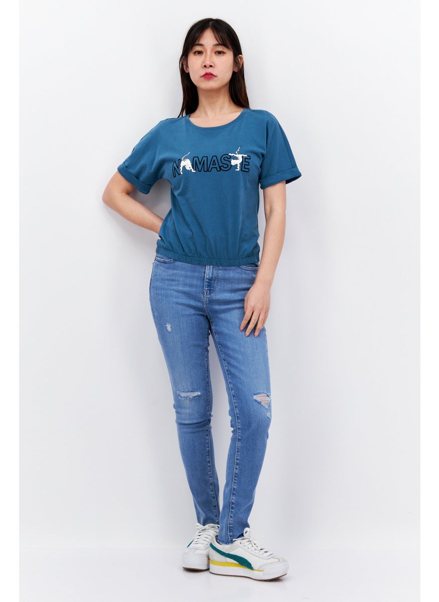 Etam Women Round Neck Short Sleeves Graphic Print Top, Blue  - Image 4
