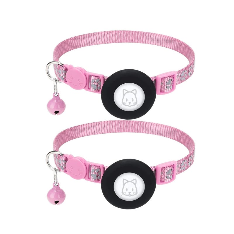 Pet Collar for AirTag - Reflective Paw Print with Bell - Pink