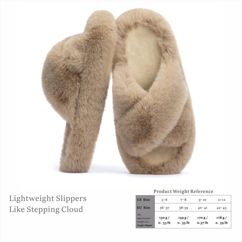 Chantomoo Women's Cross Slippers Memory Foam House Bedroom Slippers for Women Fuzzy Plush Comfy Faux Fur Lined Slide Shoes Anti-Skid Sole Trendy Gift Slippers Light BrownSize7 8 6.5 - Image 3