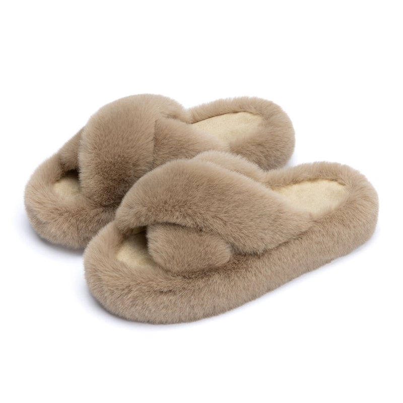 Chantomoo Women's Cross Slippers Memory Foam House Bedroom Slippers for Women Fuzzy Plush Comfy Faux Fur Lined Slide Shoes Anti-Skid Sole Trendy Gift Slippers Light BrownSize7 8 6.5 - Image 1