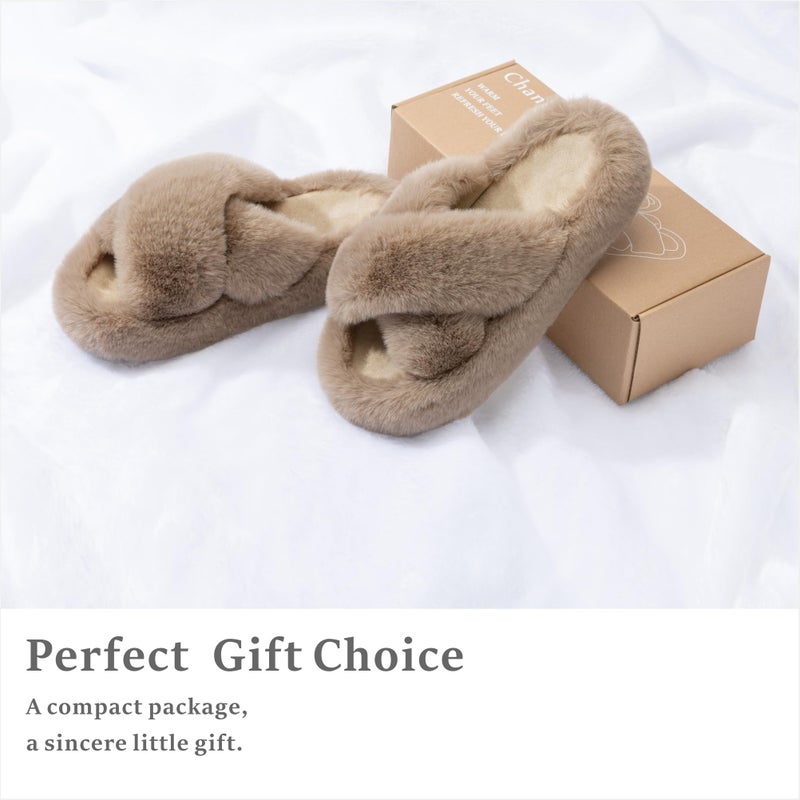 Chantomoo Women's Cross Slippers Memory Foam House Bedroom Slippers for Women Fuzzy Plush Comfy Faux Fur Lined Slide Shoes Anti-Skid Sole Trendy Gift Slippers Light BrownSize7 8 6.5 - Image 5