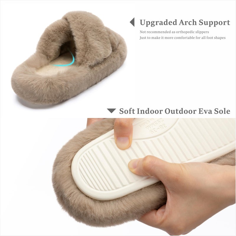 Chantomoo Women's Cross Slippers Memory Foam House Bedroom Slippers for Women Fuzzy Plush Comfy Faux Fur Lined Slide Shoes Anti-Skid Sole Trendy Gift Slippers Light BrownSize7 8 6.5 - Image 4