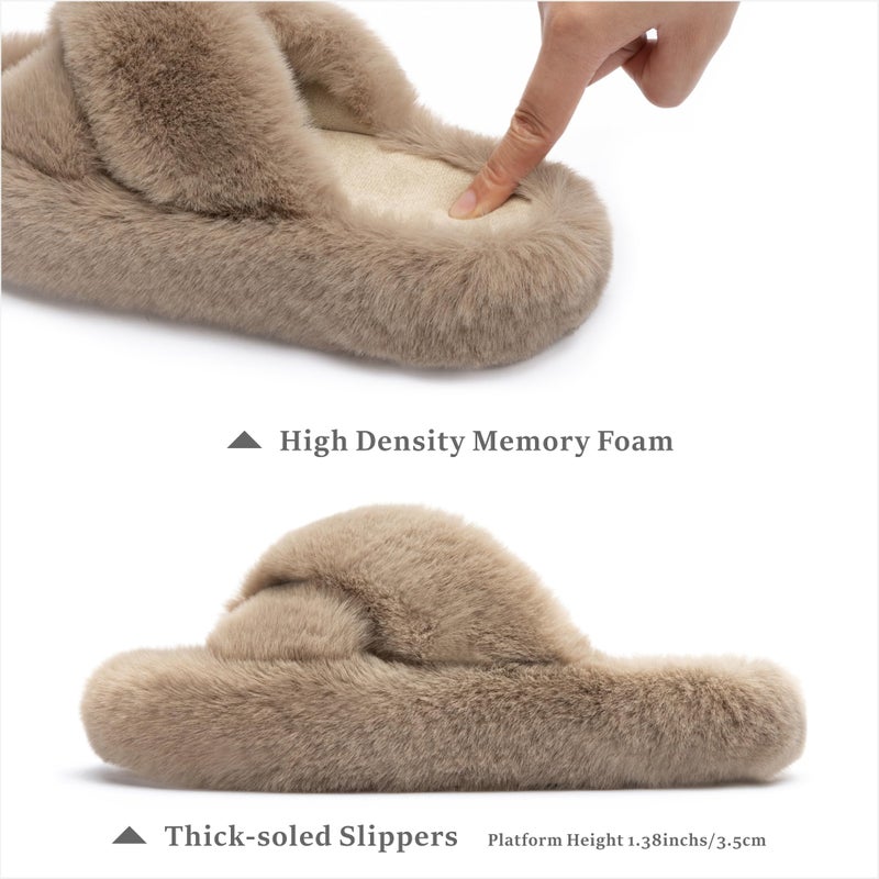 Chantomoo Women's Cross Slippers Memory Foam House Bedroom Slippers for Women Fuzzy Plush Comfy Faux Fur Lined Slide Shoes Anti-Skid Sole Trendy Gift Slippers Light BrownSize7 8 6.5 - Image 2
