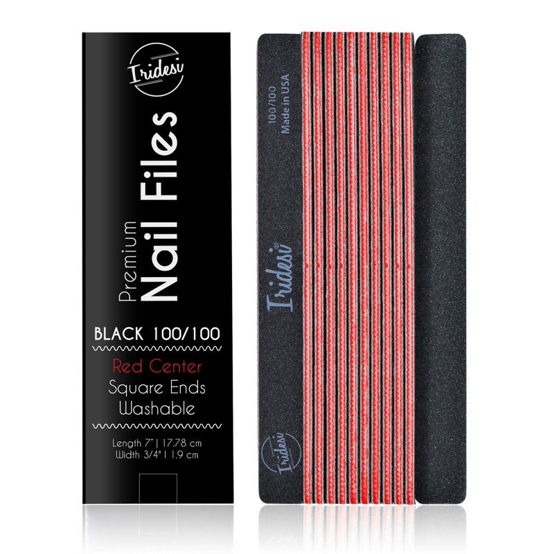Iridesi Professional Nail Files Black Washable Emery Boards 7 Inches Long Square End Serrated Edge 12 Fingernail Files Per Pack (100/100)