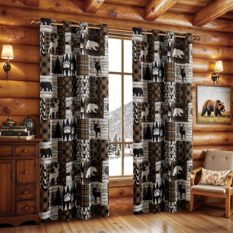 Tritard Brown Rustic Cabin Curtains 2 Panels Country Style Curtain 50% Light Blocking Darkening Grommet Window Treatments Farmhouse Patchwork Plaid Drapes Decorative for Living Room Bedroom, 52x84 inches - Image 2