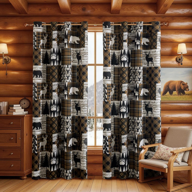 Tritard Brown Rustic Cabin Curtains 2 Panels Country Style Curtain 50% Light Blocking Darkening Grommet Window Treatments Farmhouse Patchwork Plaid Drapes Decorative for Living Room Bedroom, 52x84 inches - Image 1