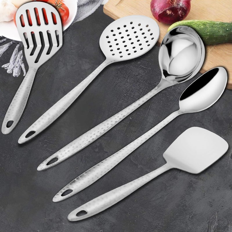 Parage 5 Pieces Stainless Steel Hammered Kitchen Tool Set for Cooking, Cooking Spoons Set, 13 inches, Silver (Contains: 1 Ladle, 1 Skimmer,1 Turner, 1 Spatula, 1 Potato Masher), Silver - Image 4