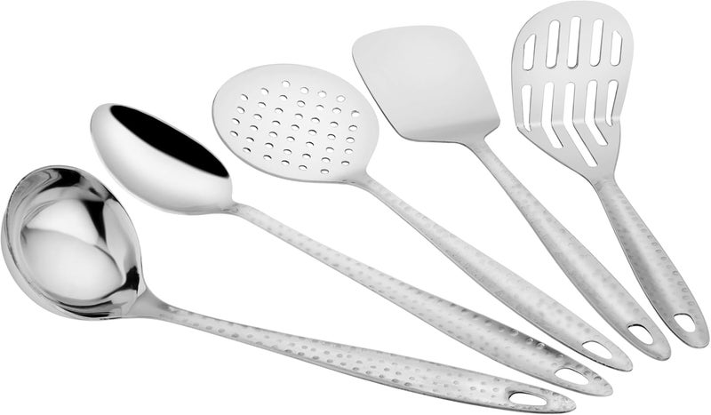 Parage 5 Pieces Stainless Steel Hammered Kitchen Tool Set for Cooking, Cooking Spoons Set, 13 inches, Silver (Contains: 1 Ladle, 1 Skimmer,1 Turner, 1 Spatula, 1 Potato Masher), Silver - Image 1