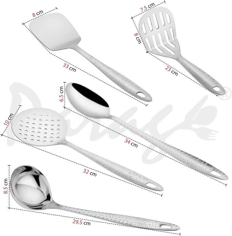 Parage 5 Pieces Stainless Steel Hammered Kitchen Tool Set for Cooking, Cooking Spoons Set, 13 inches, Silver (Contains: 1 Ladle, 1 Skimmer,1 Turner, 1 Spatula, 1 Potato Masher), Silver - Image 3