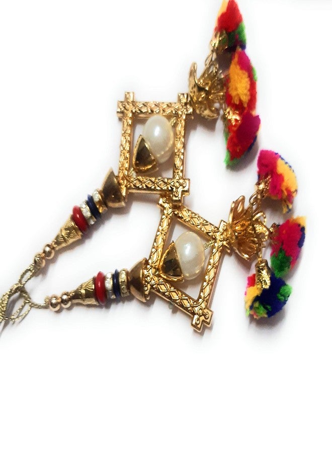 لباس زينة معلقة يدوية الصنع بتصميم عرقي (متعددة الألوان) للنساء، مزينة بكرات بوم بوم وجرس، قطعتان - Image 3