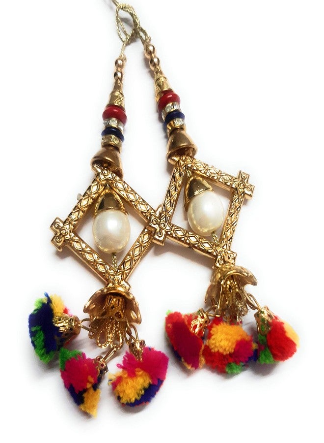 لباس زينة معلقة يدوية الصنع بتصميم عرقي (متعددة الألوان) للنساء، مزينة بكرات بوم بوم وجرس، قطعتان - Image 2