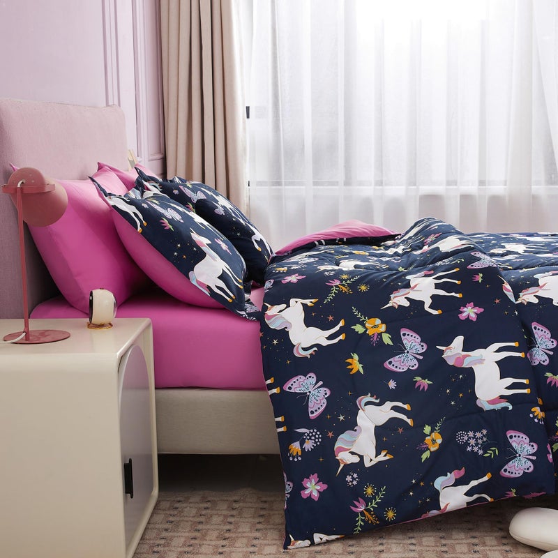 Mooreeke Kids Comforter Bed Set Twin Size for Girls, 6 Pieces Bed in a Bag with Shams, Sheet Set, Purple Pink Unicorn Twin Soft Microfiber Kids Comforter Bedding Set - Image 4