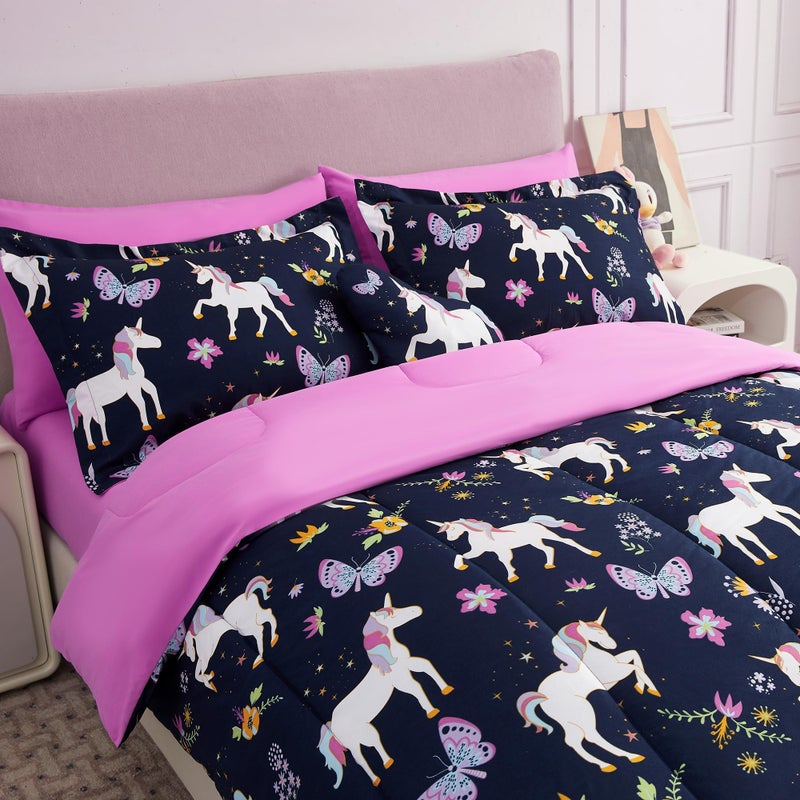 Mooreeke Kids Comforter Bed Set Twin Size for Girls, 6 Pieces Bed in a Bag with Shams, Sheet Set, Purple Pink Unicorn Twin Soft Microfiber Kids Comforter Bedding Set - Image 2