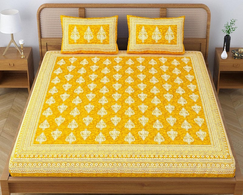 SheetKart Motif Floral 144 TC 100 Cotton Double Bedsheet Jaipuri Printed Bed Cover with 2 Pillow Covers Summer Yellow - Image 2