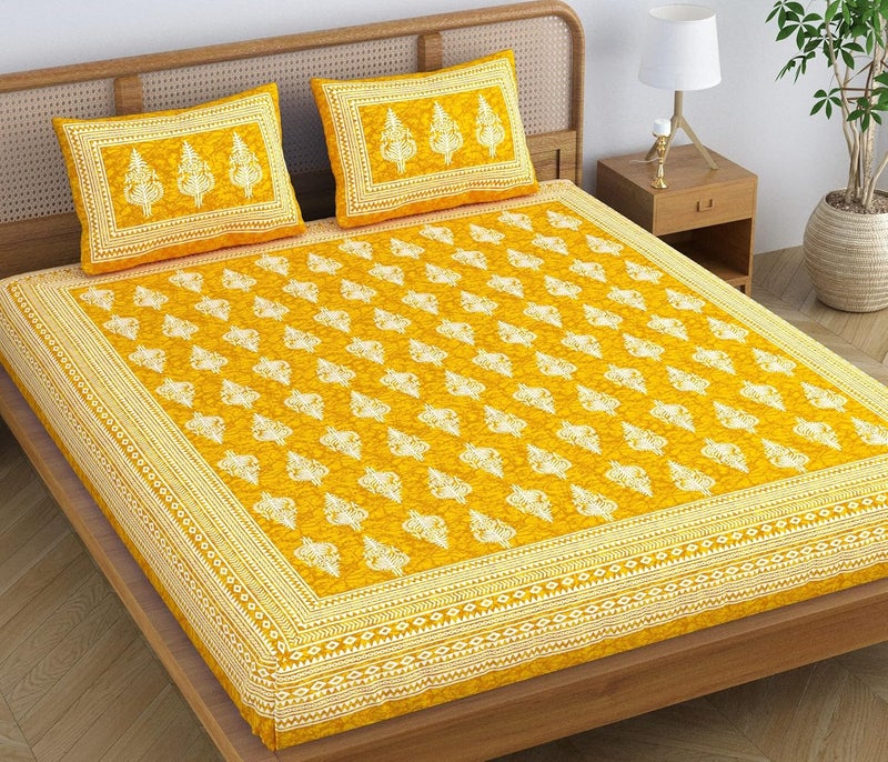 SheetKart Motif Floral 144 TC 100 Cotton Double Bedsheet Jaipuri Printed Bed Cover with 2 Pillow Covers Summer Yellow - Image 1