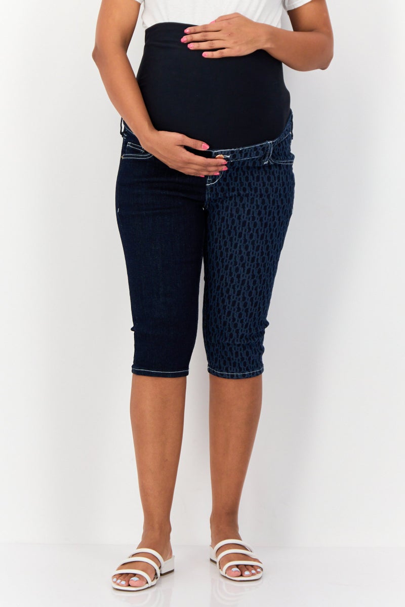 RIVER ISLAND Maternity Printed Denim Shorts, Dark Navy - Image 1