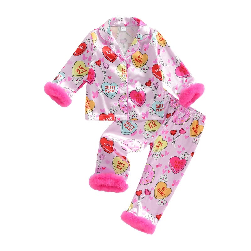 Kuriozud Kids Toddler Girl Satin Pajamas Fuzzy Trim Long Sleeve Button Down Shirt Top and Pants 2pcs Pjs Sets Sleepwear (Valentines Heart Rose Red, 3-4 Years) - Image 1