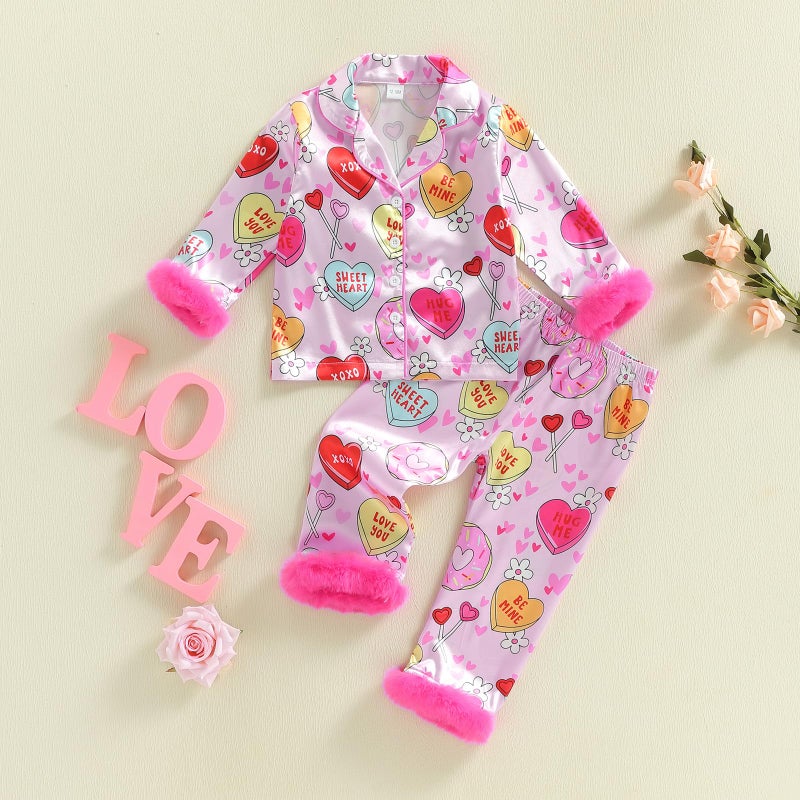 Kuriozud Kids Toddler Girl Satin Pajamas Fuzzy Trim Long Sleeve Button Down Shirt Top and Pants 2pcs Pjs Sets Sleepwear (Valentines Heart Rose Red, 3-4 Years) - Image 4