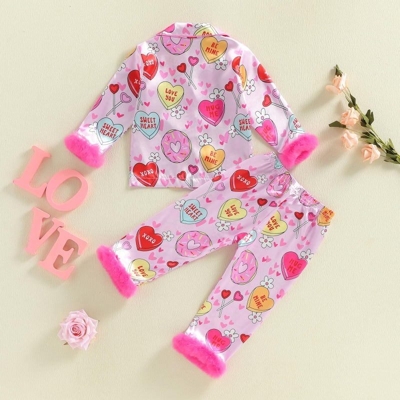 Kuriozud Kids Toddler Girl Satin Pajamas Fuzzy Trim Long Sleeve Button Down Shirt Top and Pants 2pcs Pjs Sets Sleepwear (Valentines Heart Rose Red, 3-4 Years) - Image 5