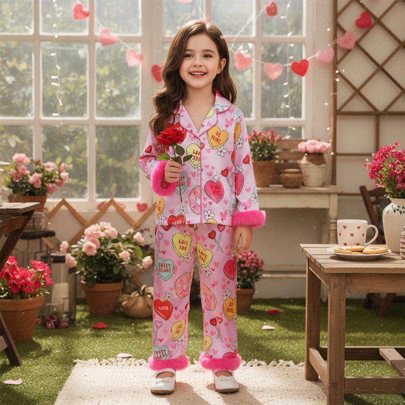 Kuriozud Kids Toddler Girl Satin Pajamas Fuzzy Trim Long Sleeve Button Down Shirt Top and Pants 2pcs Pjs Sets Sleepwear (Valentines Heart Rose Red, 3-4 Years) - Image 2