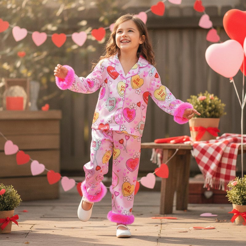 Kuriozud Kids Toddler Girl Satin Pajamas Fuzzy Trim Long Sleeve Button Down Shirt Top and Pants 2pcs Pjs Sets Sleepwear (Valentines Heart Rose Red, 3-4 Years) - Image 3