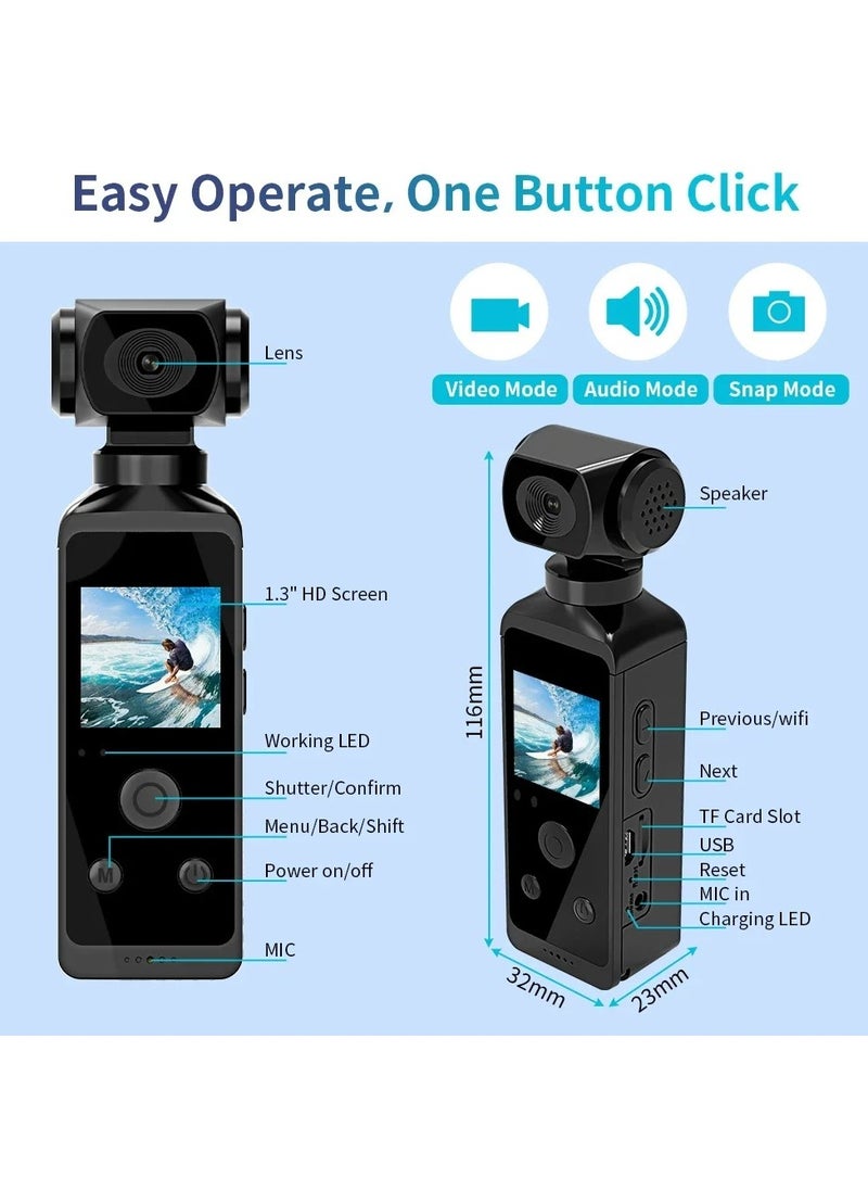 AROAQ - 4K 1080P Pocket Camcorder, 270 Degree Rotatable Wifi Mini Sports Camera, Portable HD LCD Screen Motion Camera, Compact And Lightweight Small Video Recording Camera, (1pc, Black) - Image 1