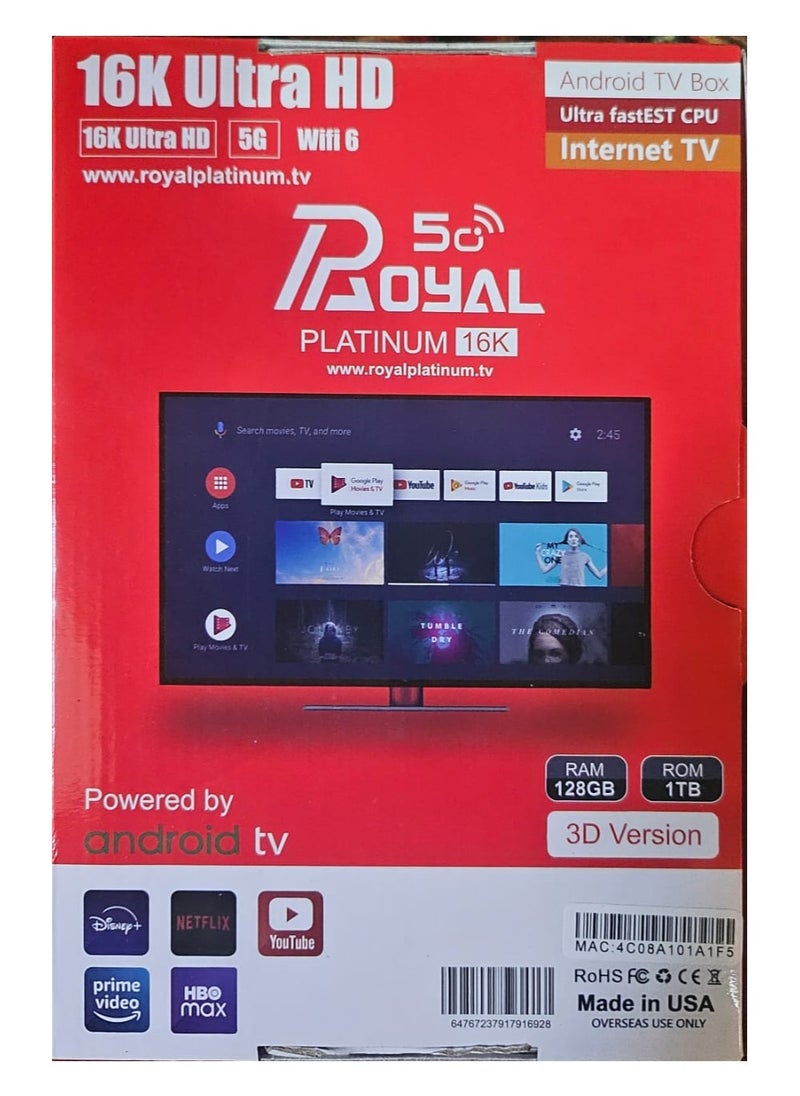 Generic - Royal Platinum 16K Ultra HD Android 18 TV Box – 128GB RAM, 1TB ROM | 5G Wi-Fi 6 | 3D Version | Ultra-Fast Processor | Made in USA | 1 Year Free Subscription - Image 1