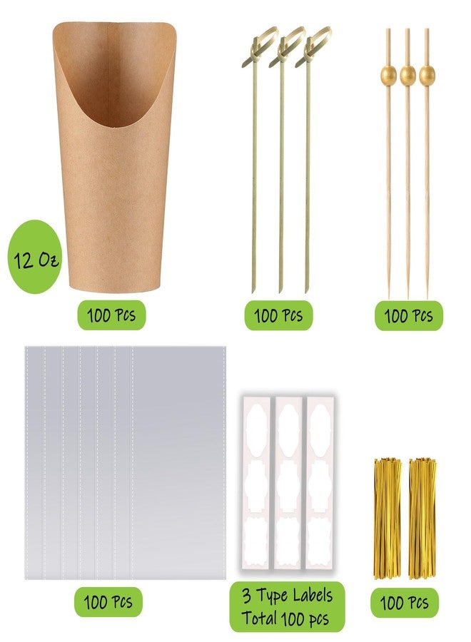 FSAH 100 Pcs Charcuterie Cups with Sticks 12oz, Individual Disposable Handheld Holder with 100 Bags+100 Lables+200 Cocktail Skewers Tooth Picks, Paper Appetizer Board Snack Boxes for French Fry, Brown - Image 5
