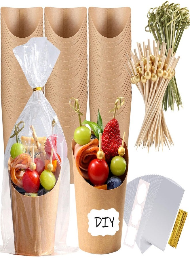 FSAH 100 Pcs Charcuterie Cups with Sticks 12oz, Individual Disposable Handheld Holder with 100 Bags+100 Lables+200 Cocktail Skewers Tooth Picks, Paper Appetizer Board Snack Boxes for French Fry, Brown - Image 1