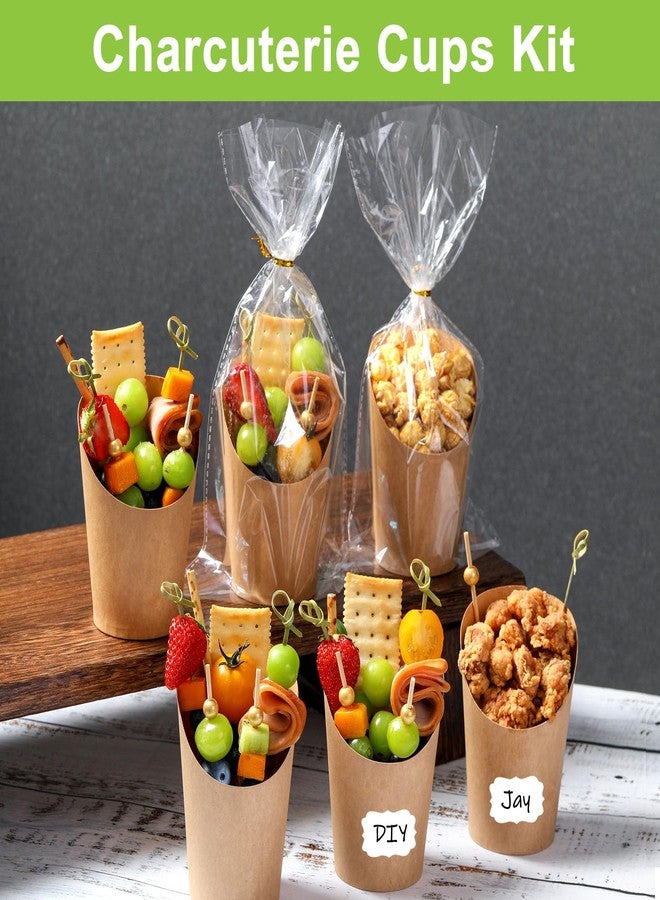 FSAH 100 Pcs Charcuterie Cups with Sticks 12oz, Individual Disposable Handheld Holder with 100 Bags+100 Lables+200 Cocktail Skewers Tooth Picks, Paper Appetizer Board Snack Boxes for French Fry, Brown - Image 2