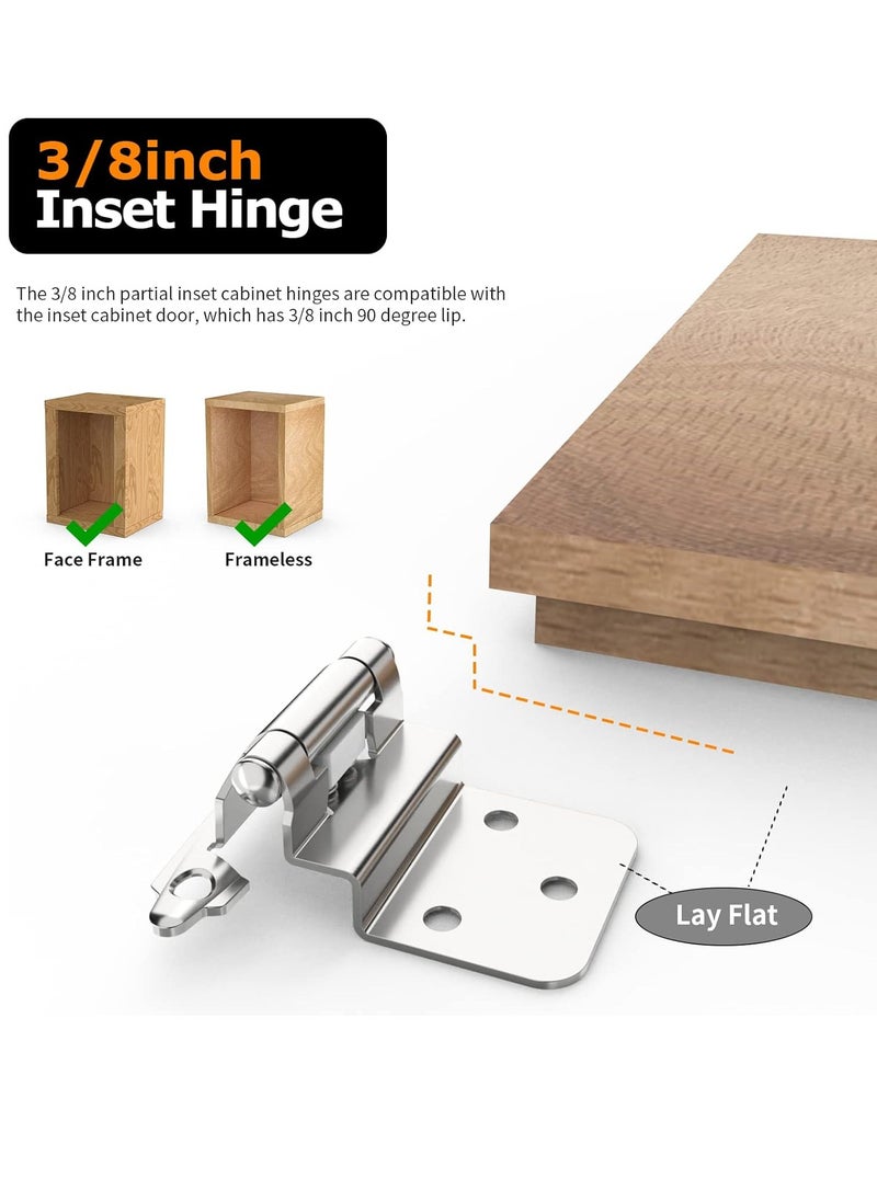 General - 3/8 Inch Inset Cabinet Hinges, 2 Pack Self Closing Flush Face Mount Hinges with Door Bumper, Variable Decorative Hardware for Bathroom, Furniture, Kitchen Cabinet Doors, Brushed Nickel - Image 1