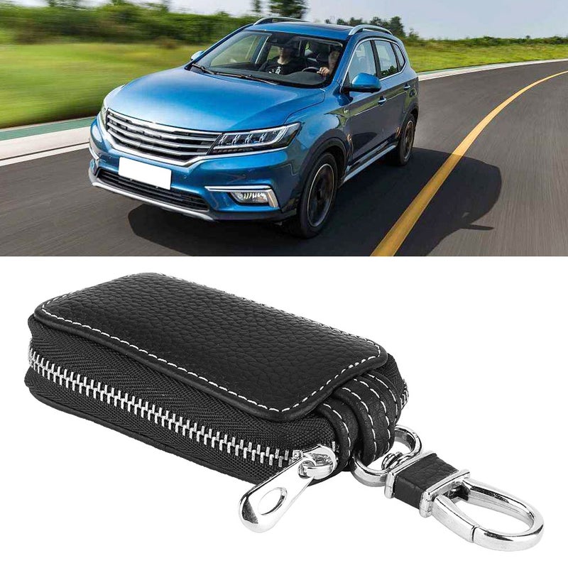 PU Leather Car Smart Key Keychain Holder Case Remote Key Fob Bag Black - Image 4
