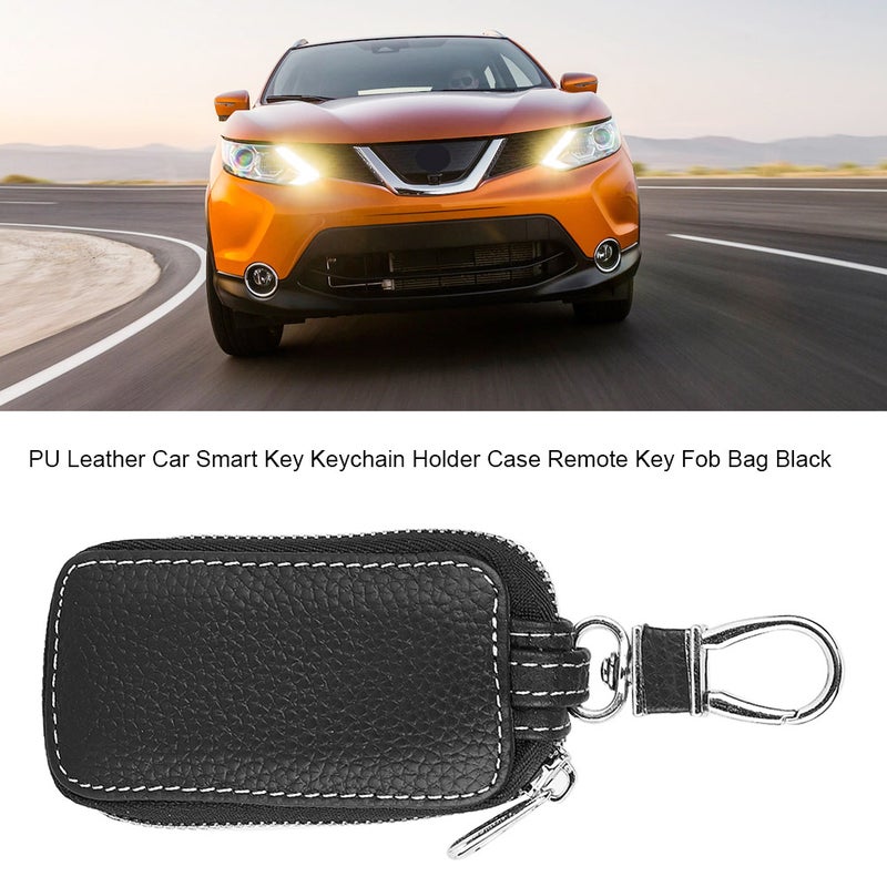 PU Leather Car Smart Key Keychain Holder Case Remote Key Fob Bag Black - Image 1