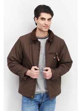 Men Mock Neck Long Sleeves Solid Windbreaker Jacket, Dark Brown