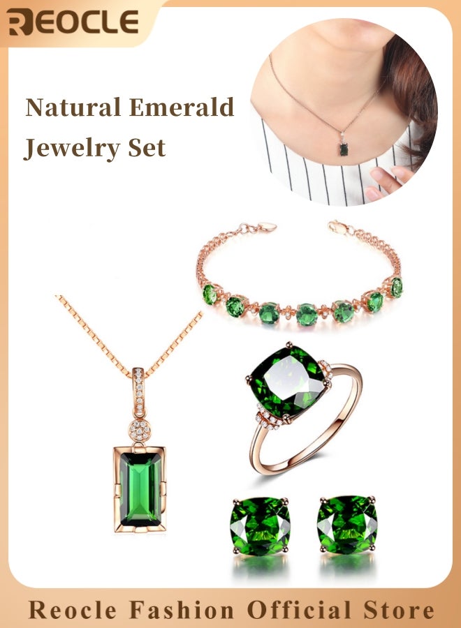 ريوكل طقم مجوهرات الزمرد الطبيعي يتضمن عقد مستطيل أقراط سوار وخاتم طقم مجوهرات من الذهب الوردي الماسي للنساء - Image 1