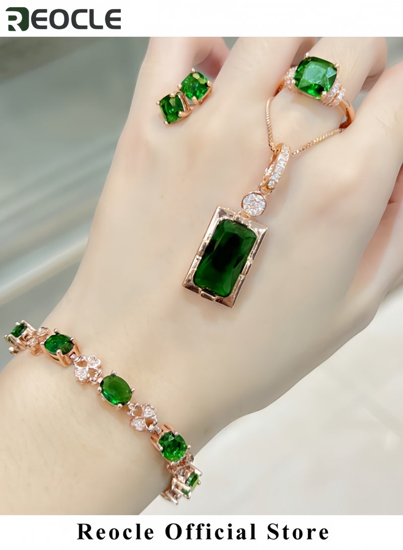 ريوكل طقم مجوهرات الزمرد الطبيعي يتضمن عقد مستطيل أقراط سوار وخاتم طقم مجوهرات من الذهب الوردي الماسي للنساء - Image 4