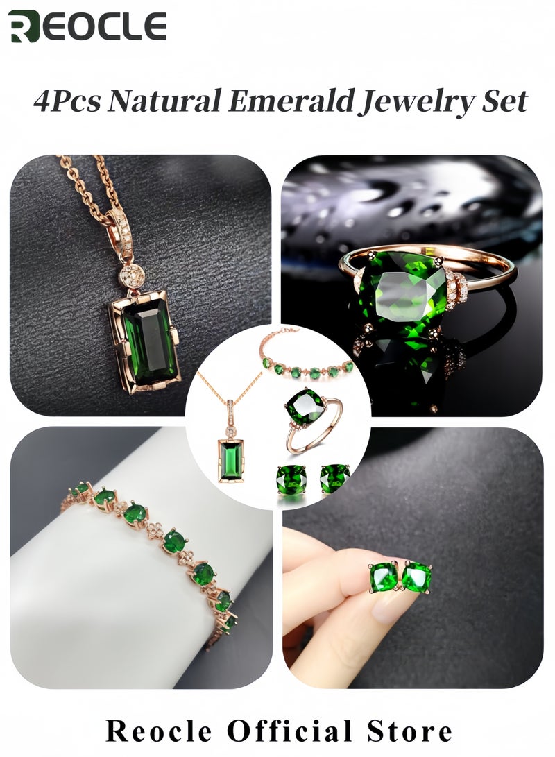 ريوكل طقم مجوهرات الزمرد الطبيعي يتضمن عقد مستطيل أقراط سوار وخاتم طقم مجوهرات من الذهب الوردي الماسي للنساء - Image 5