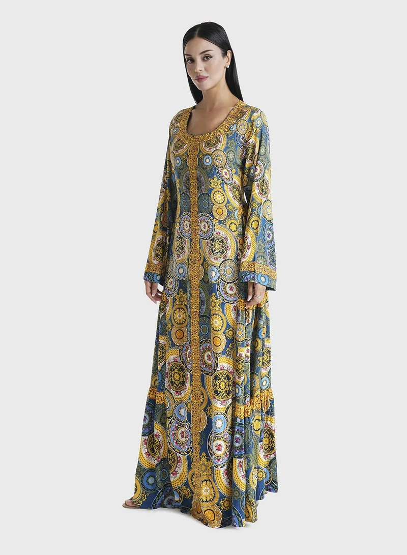 KASHKHA  Mustard Rangoli Printed Rayon Hand Work Jalabiya (VDK308) for Women | Best Price UAE