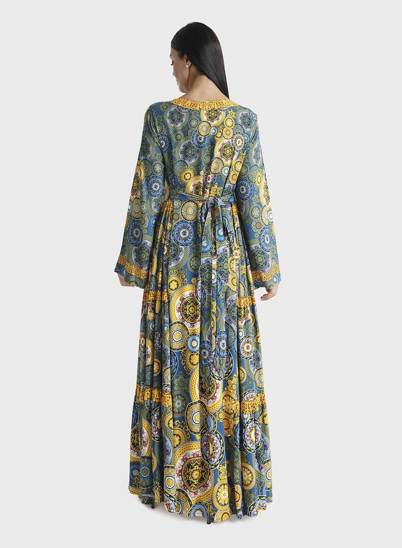 KASHKHA  Mustard Rangoli Printed Rayon Hand Work Jalabiya (VDK308) for Women | Best Price UAE
