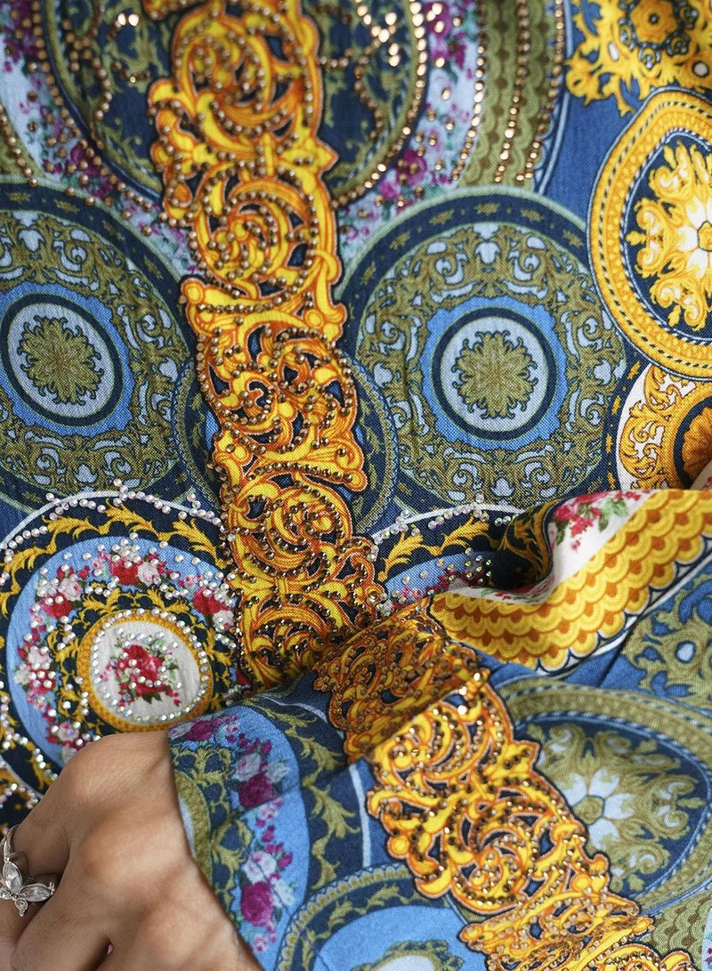 KASHKHA  Mustard Rangoli Printed Rayon Hand Work Jalabiya (VDK308) for Women | Best Price UAE