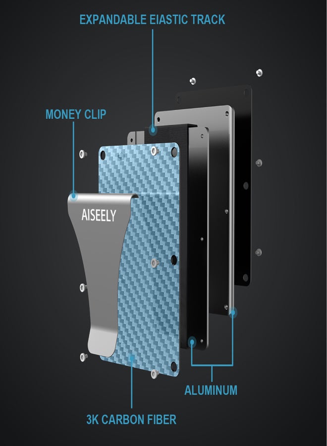 آيسيلي محفظة AISEELY البسيطة للرجال والنساء من ألياف الكربون - حاملات بطاقات الائتمان RFID مانعة لتقنية تحديد الهوية بموجات الراديو، محفظة معدنية صغيرة منظمة - مشبك نقود بجيب أمامي رفيع، هدية للزوج والأب والزوجة (أزرق) - Image 2