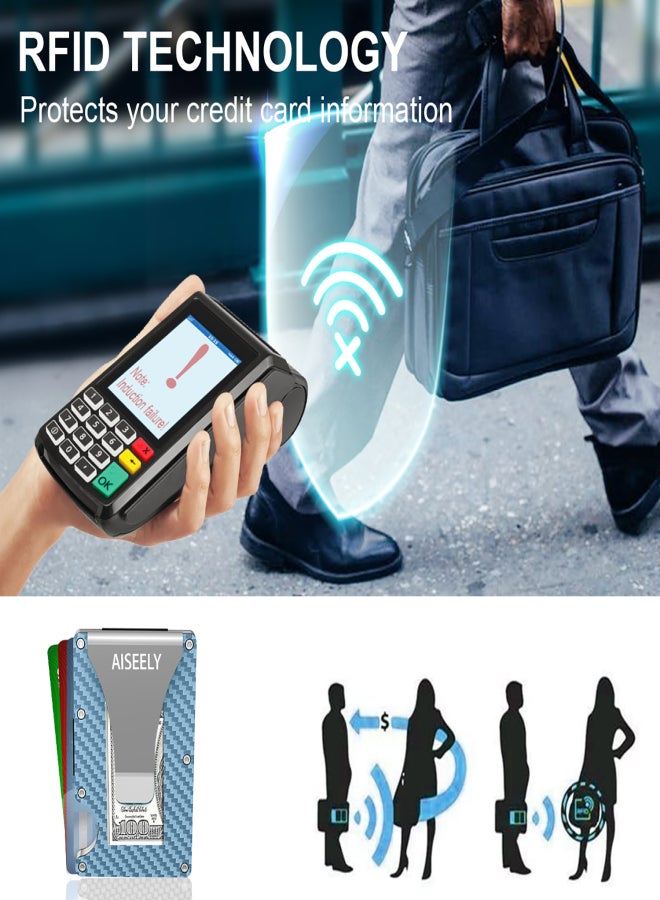 آيسيلي محفظة AISEELY البسيطة للرجال والنساء من ألياف الكربون - حاملات بطاقات الائتمان RFID مانعة لتقنية تحديد الهوية بموجات الراديو، محفظة معدنية صغيرة منظمة - مشبك نقود بجيب أمامي رفيع، هدية للزوج والأب والزوجة (أزرق) - Image 1