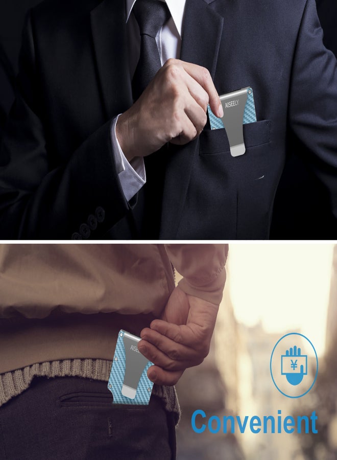 آيسيلي محفظة AISEELY البسيطة للرجال والنساء من ألياف الكربون - حاملات بطاقات الائتمان RFID مانعة لتقنية تحديد الهوية بموجات الراديو، محفظة معدنية صغيرة منظمة - مشبك نقود بجيب أمامي رفيع، هدية للزوج والأب والزوجة (أزرق) - Image 3