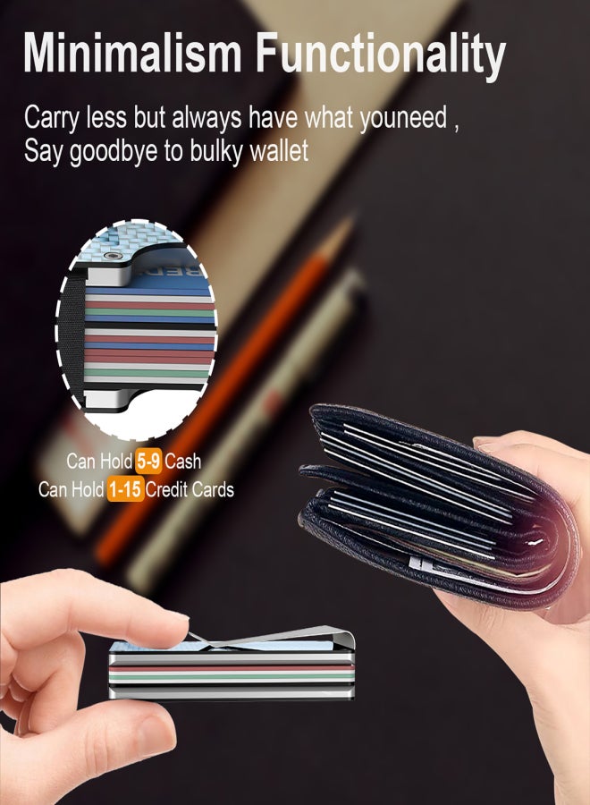 آيسيلي محفظة AISEELY البسيطة للرجال والنساء من ألياف الكربون - حاملات بطاقات الائتمان RFID مانعة لتقنية تحديد الهوية بموجات الراديو، محفظة معدنية صغيرة منظمة - مشبك نقود بجيب أمامي رفيع، هدية للزوج والأب والزوجة (أزرق) - Image 4